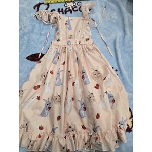 Cute Lolita JSK Dress Pink Bunny Strawberry Print Ruffle Suspender Skirt Mulisha